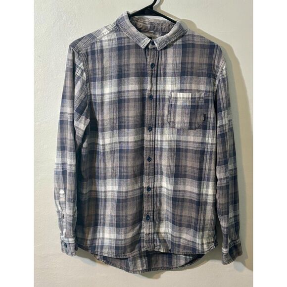 Quiksilver Men’s Flannel Plaid Shirt Medium Gray Blue Long Sleeve Distressed - Picture 1 of 4
